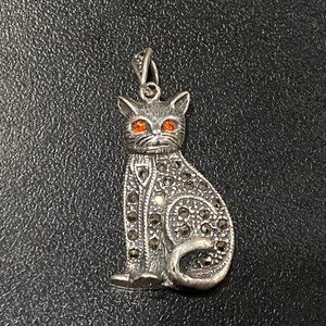 Vintage Halloween Sterling Silver 925 Cat Orange Eyed Marcasite Pendant 1 3/4